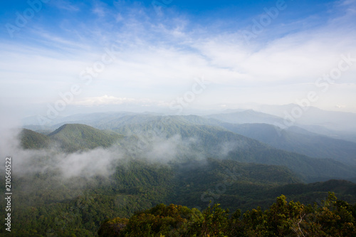 A cloudy of foggy landscape view on top view of mountain at sunrise timing in winter season located north of thailand 