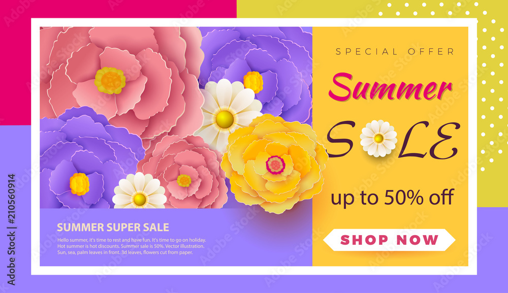 Summer sale banner with paper flowers on a light background. The banner is ideal for promotions, magazines, advertising, websites.