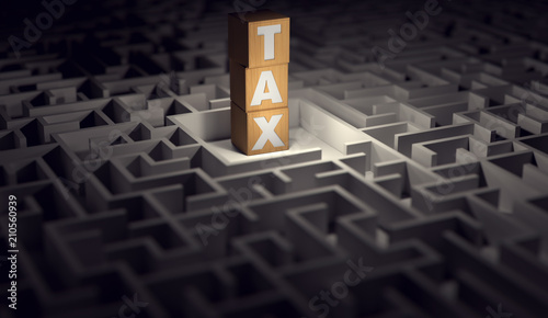 Pile of wooden blocks with letters TAX somewhere in the maze. Copyspace below. Problems and issues with paying taxes. 3D rendering.