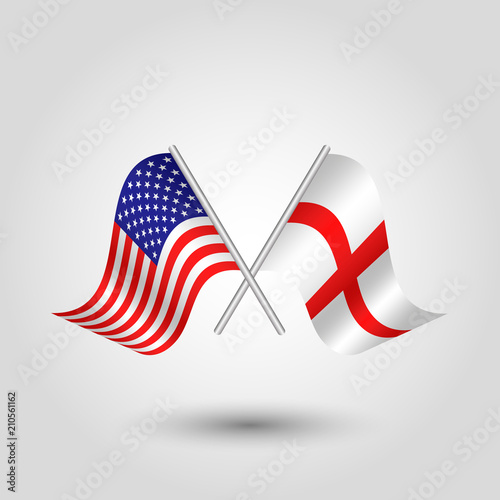 vector two crossed american and english flags on silver sticks - symbol of united states of america and england
