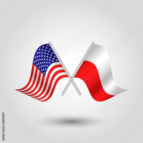 vector two crossed american and polish flags on silver sticks - symbol of united states of america and poland