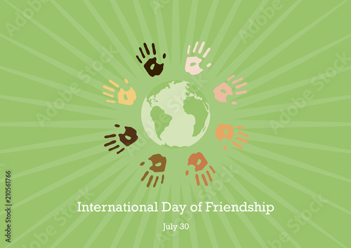 International Day of Friendship vector. Color hand print picture. Handprints on a green background. Important day