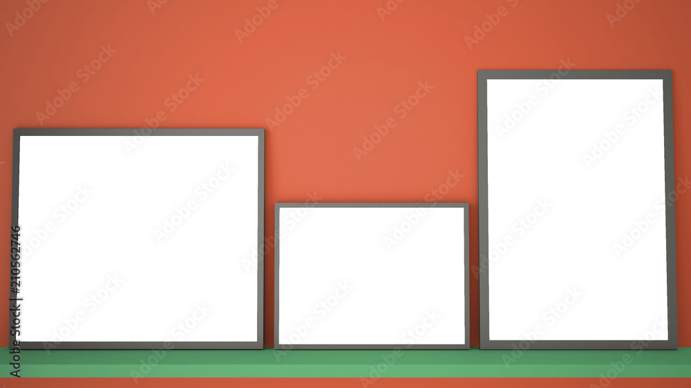 Mock up template with copy space, three gray frames on green book shelf or desk, red background idea interior design Mock up template with copy space, three gray frames on green book shelf or desk, red background idea interior design