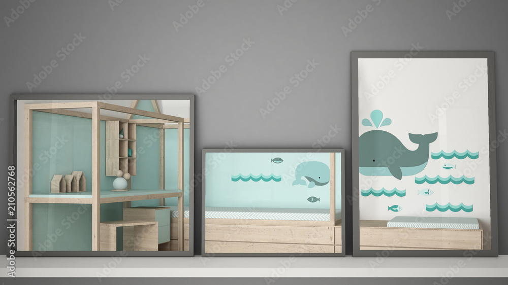 Obraz premium Three modern mirrors on shelf or desk reflecting interior design scene, bedroom nursery, minimalist white architecture interior design