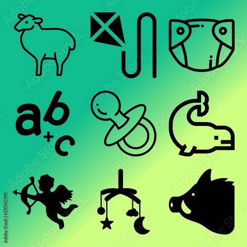 Vector icon set  about baby with 9 icons related to typeface  wings  fashion  print and letters