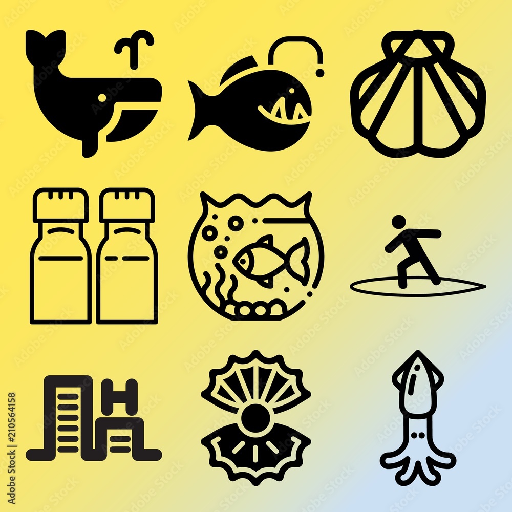 Fototapeta premium Vector icon set about sea with 9 icons related to animal, glass, turtle, vintage and silhouette