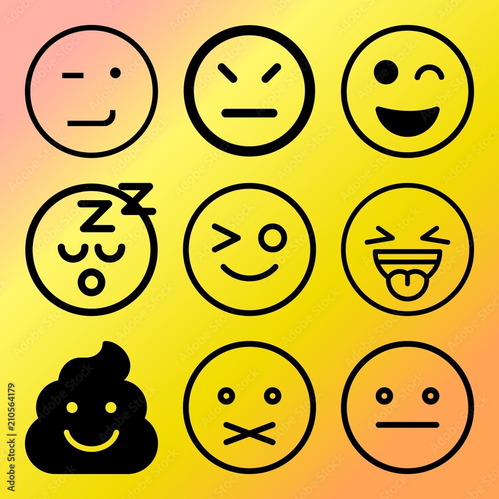 Vector icon set about emoticon with 9 icons related to adult, circle, emotion, yellow and attractive Vector icon set about emoticon with 9 icons related to adult, circle, emotion, yellow and attractive