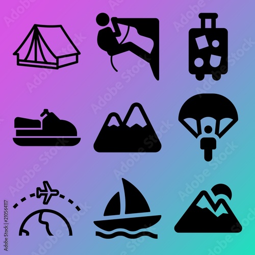 Vector icon set  about adventure with 9 icons related to international, holder, sailboat, skydiver and waverunner