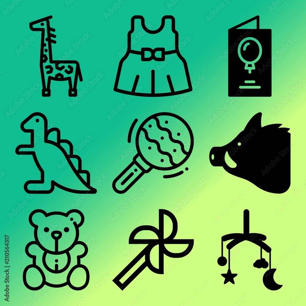 Vector icon set  about baby with 9 icons related to stuffed, fluffy, pork, collection and furniture
