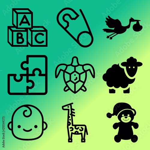 Vector icon set about baby with 9 icons related to people , style, wool, agriculture and letter