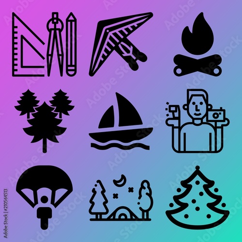 Vector icon set  about adventure with 9 icons related to christmas, danger, label, couple and honeymoon