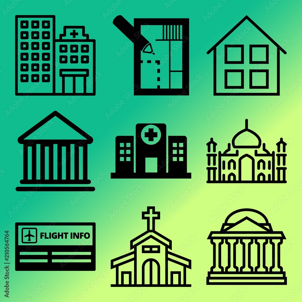 Vector icon set  about building with 9 icons related to state, loan, trip, bank and banking