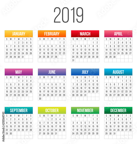 Creative vector illustration of 2019 year colorful calendar isolated on transparent background. Art design blank mockup template event planner. Week starts sunday. Abstract concept graphic element