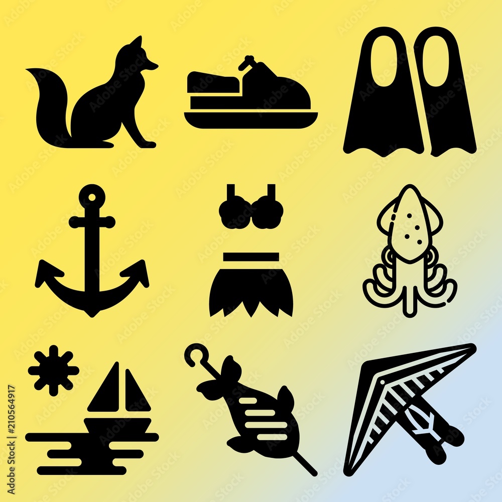 Vector icon set  about sea with 9 icons related to vessel, calm, texture, motor and sky