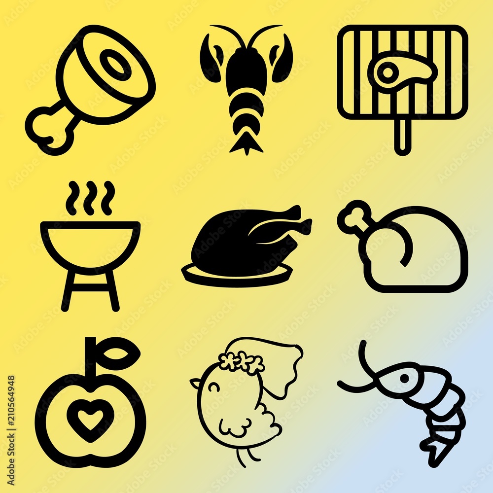Vector icon set  about barbecue with 9 icons related to food, pork, cooking, roasted and herb