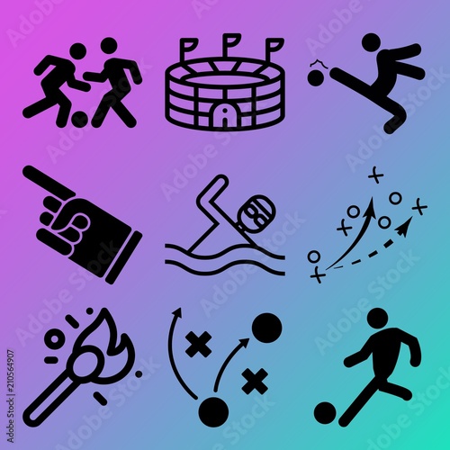 Vector icon set  about soccer with 9 icons related to people , field, matchbook, play and sports
