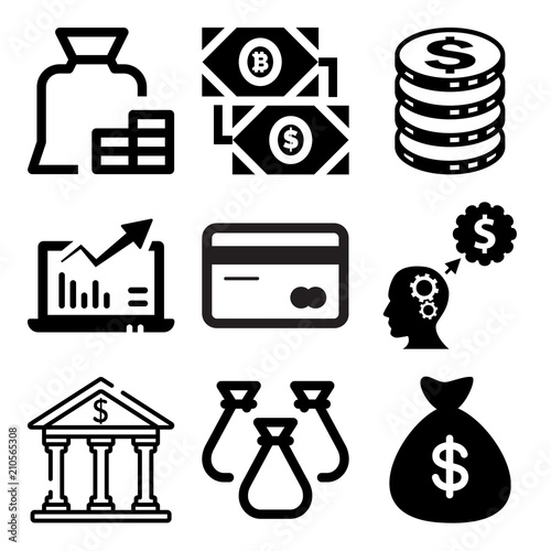 Vector icon set about bank with 9 icons related to earning, man, golden, laptop and communication
