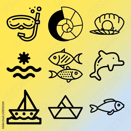 Vector icon set about sea with 9 icons related to competition, zebra, light, gift and europe