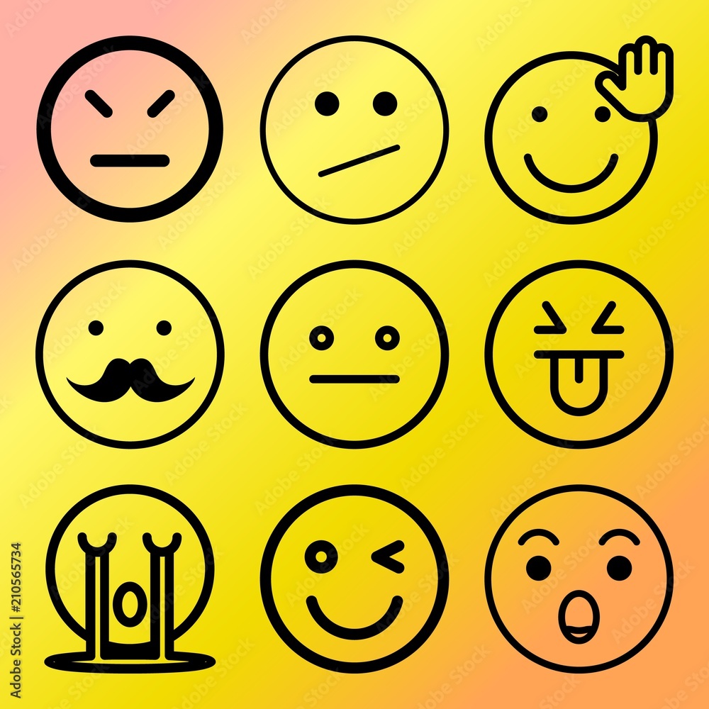 Vector icon set about emoticon with 9 icons related to drawing, cartoon, positive, yellow and cute Vector icon set about emoticon with 9 icons related to drawing, cartoon, positive, yellow and cute
