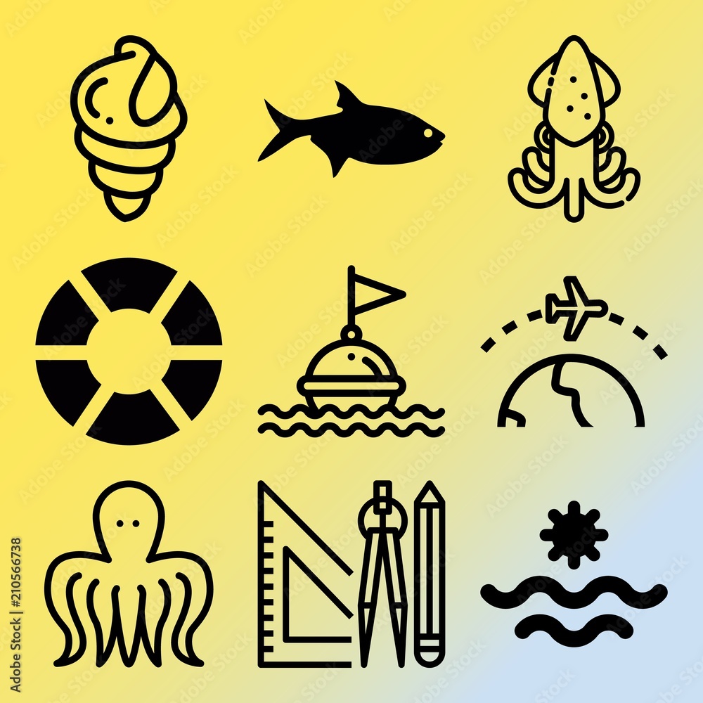 Vector icon set  about sea with 9 icons related to firefighter, food, fishes, latitude and fauna