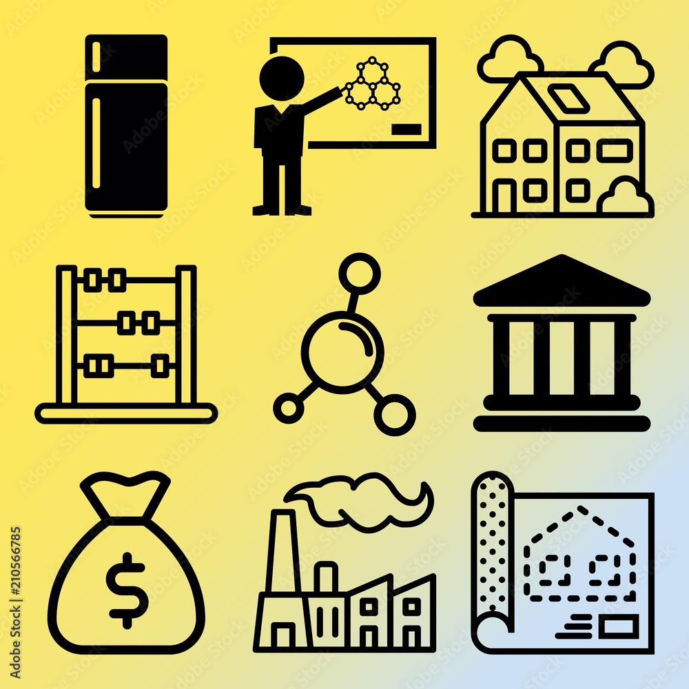 Fototapeta premium Vector icon set about business with 9 icons related to molecules, work, dot, growth and south