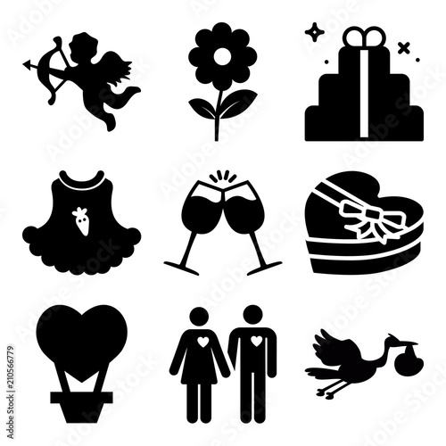 Vector icon set  about love with 9 icons related to floral  sparkling  cute  childbirth and stylish