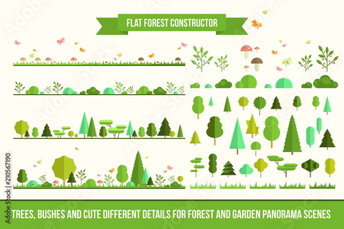 Create your own forest - flat constructor kit. Huge collection of infographic vector elements. Set of trees, bushes, florals and cute details for nature landscape panorama scenes, app and game design