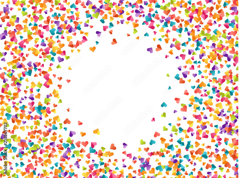 Celebrate pattern of heart shape background of colored confetti and serpentine. Colorful festive texture