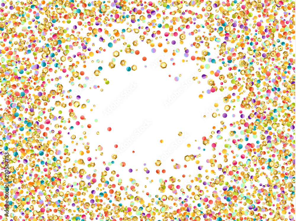 Celebrate pattern of shape gold sequins background of colored confetti and serpentine. Colorful festive texture