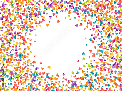 Celebrate pattern of heart shape background of colored confetti and serpentine. Colorful festive texture