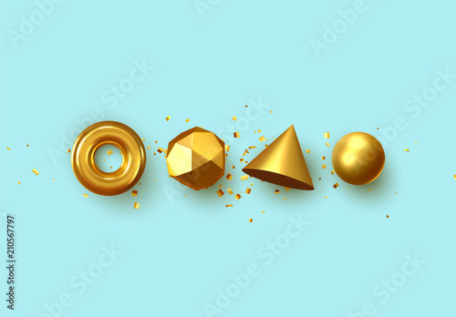 Set of 3d realistic elements isolated on blue background. Spheres, torus, cones and other geometric shapes. gold colors for trendy designs.