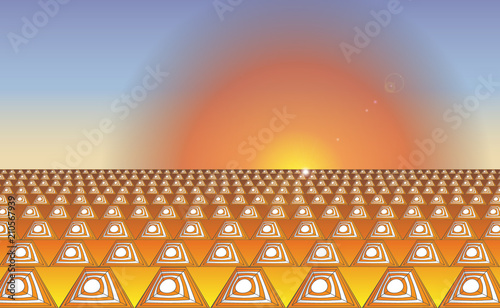 Industrial abstract background orange white safety road cones. Sunrise traffic cones on a road for traffic redirection or warning of hazards or dangers