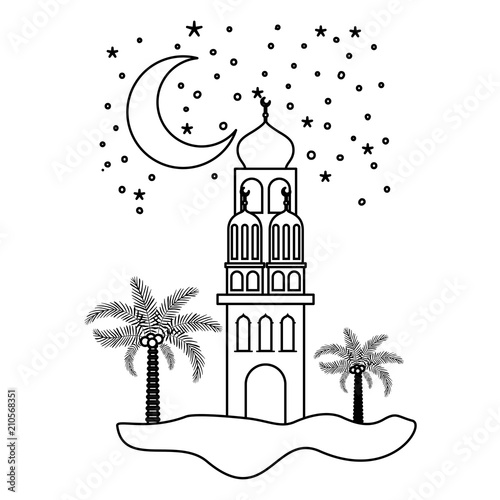 arabic castle with moon in the night scene vector illustration design