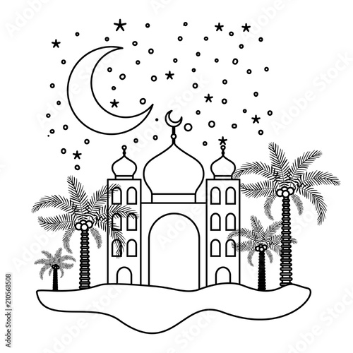 arabic castle with moon in the night scene vector illustration design