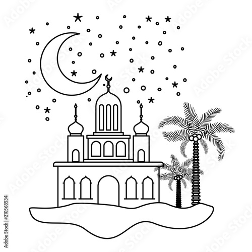 arabic castle with moon in the night scene vector illustration design