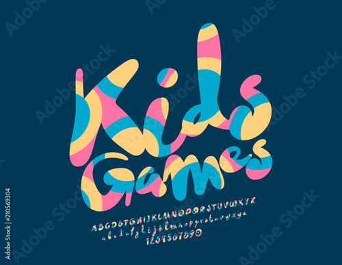 Vector Logo Kids Games. Font with Graphic Style. Colorful bright Alphabet Letters, Numbers and Symbols