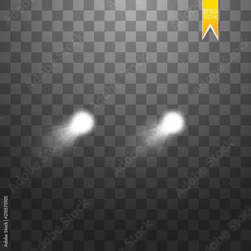 Realistic white glow of round beams of car headlights, isolated against a background of transparent gloom. Vector bright train lights for your design. Easy light flash