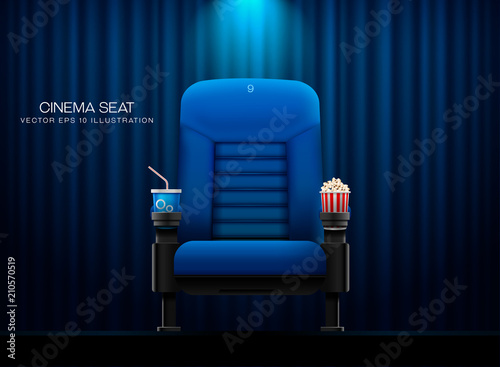 Cinema seat.Theater seat on curtain with spotlight background