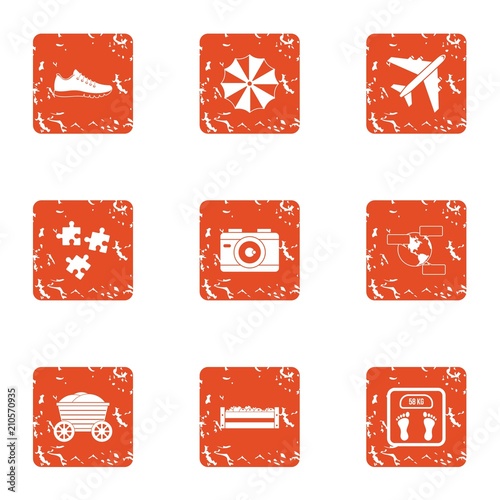 Sport trip icons set. Grunge set of 9 sport trip vector icons for web isolated on white background