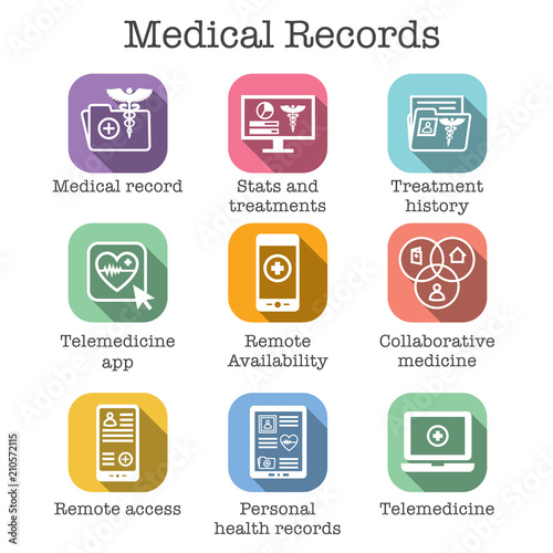 Telemedicine and Health Records Icon Set with Caduceus, file folders, computers, etc