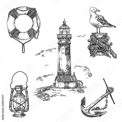 Vintage nautical set. Lifebuoy, old lantern, lighthause, seagull and anchor. Sketch. Engraving style. Vector illustration.