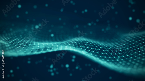 Data technology illustration. Abstract futuristic background. Wave with connecting dots and lines on dark background. Wave of particles.