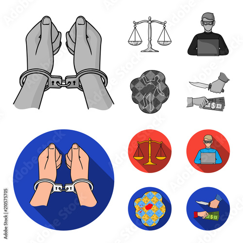 Handcuffs, scales of justice, hacker, crime scene.Crime set collection icons in monochrome,flat style vector symbol stock illustration web.