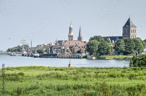 View across the river IJssel and its floodplain towards the old Hanze city of Kampen, The Netherlands
