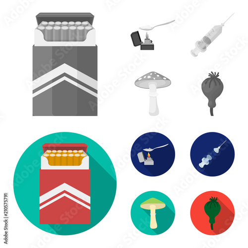 Cigarettes, a syringe, a galoyucinogenic fungus, heroin in a spoon.Drug set collection icons in monochrome,flat style vector symbol stock illustration web.