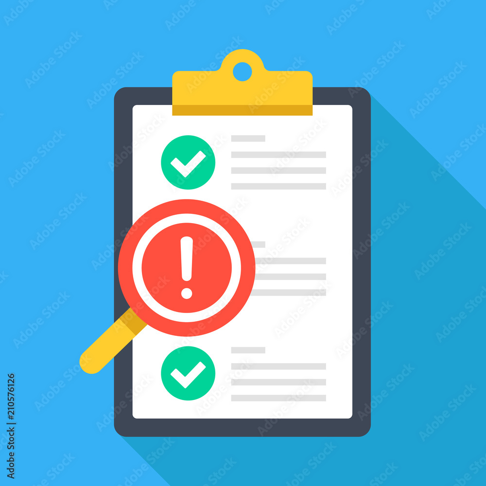 Clipboard with exclamation point and magnifying glass. Checklist. Quality control, inspection, checking, audit concepts. Flat design vector illustration Clipboard with exclamation point and magnifying glass. Checklist. Quality control, inspection, checking, audit concepts. Flat design vector illustration
