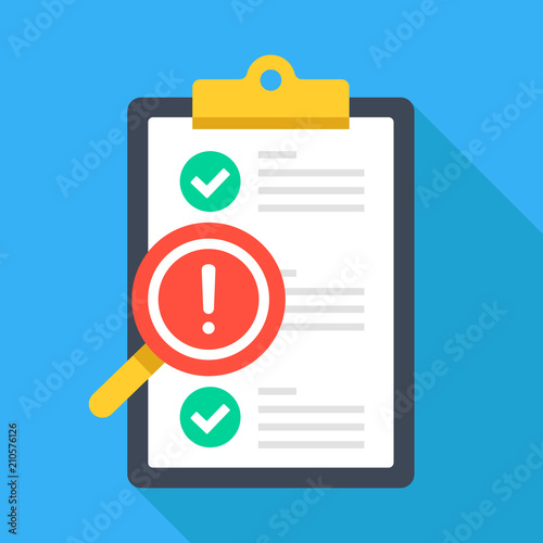 Clipboard with exclamation point and magnifying glass. Checklist. Quality control, inspection, checking, audit concepts. Flat design vector illustration