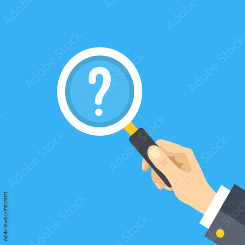 Human hand holding magnifying glass with question mark. Problem, analysis, issue, solution concepts. Flat design graphic elements. Vector illustration