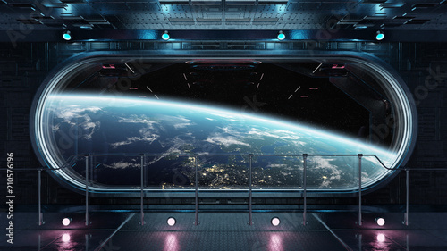 Black tech spaceship round window interior background 3D rendering