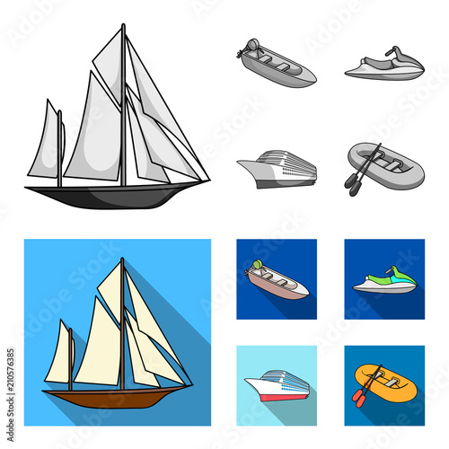 Ancient sailboat, motor boat, scooter, marine liner.Ships and water transport set collection icons in monochrome,flat style vector symbol stock illustration web.